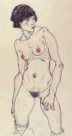 光着身子穿着长袜站着`Standing Nude with Stockings by Egon Schiele