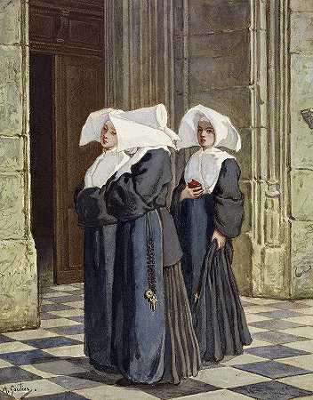 1825-1894年，教堂门口的三位修女`Three Nuns in the Portal of a Church, 1825-1894 by Armand Gautier