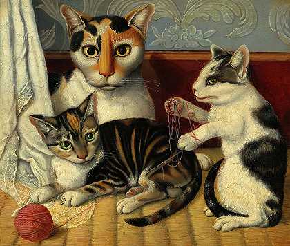 猫和小猫`Cat and Kittens by American Art