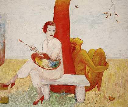 带调色板、画家和牧神的自画像`Self-portrait with Palette, Painter and Faun by Florine Stettheimer
