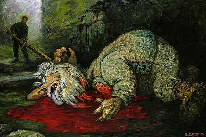 灰烬少年斩首巨魔`The Ash Lad beheads the Troll by Theodor Kittelsen