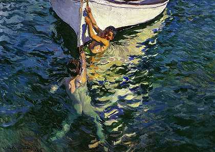 白色的船，哈维`The White Boat, Javea by Joaquin Sorolla