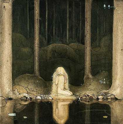 图夫斯塔尔仍然坐在那里，惊奇地凝视着水面，1913年`Tuvstarr Still Sitting There and Staring Wonderingly into the Water, 1913 by John Bauer
