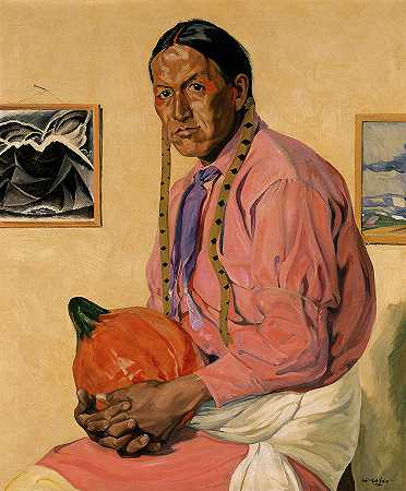 一个拿着南瓜的男人的肖像`Portrait of a Man with a Pumpkin by Walter Ufer