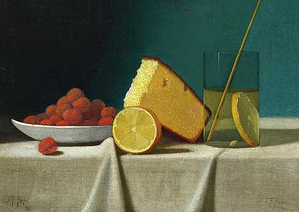1890年《蛋糕、柠檬、草莓和玻璃的静物画》`Still Life with Cake, Lemon, Strawberries, and Glass, 1890 by John Frederick Peto