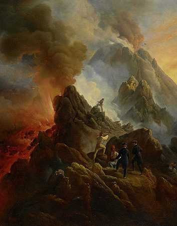 维苏威火山喷发，艺术家和他的父亲卡尔·韦尔内在前景中`The Vesuvius Erupting, the Artist and His Father, Carle Vernet, in the Foreground by Horace Vernet