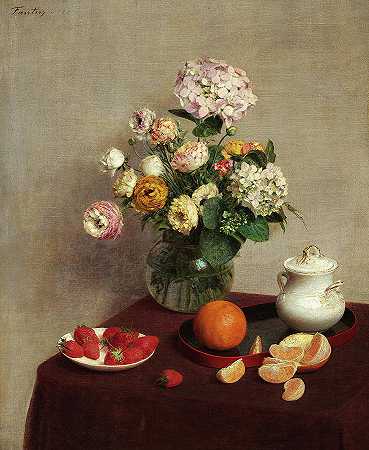 鲜花和水果，1866年`Flowers and Fruit, 1866 by Henri Fantin-Latour