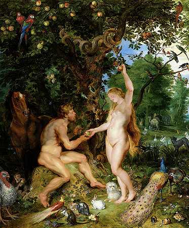 《伊甸园与人类的堕落》，1615年`The Garden of Eden with the Fall of Man, 1615 by Jan Brueghel and Paul Rubens