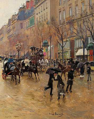 雨中的泊松尼耶大道，1885年`Boulevard Poissonniere in the Rain, 1885 by Jean Beraud