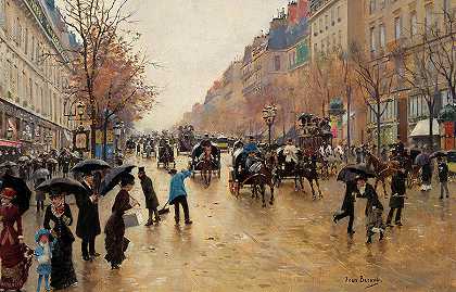 雨中的泊松尼耶大道`Boulevard Poissonniere in the Rain by Jean Beraud