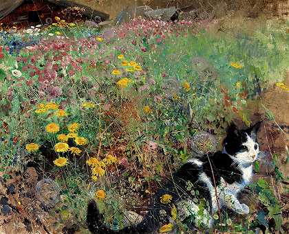 《花草地上的猫》，画于1887年`Cat on a Flowery Meadow, Painted in 1887 by Bruno Liljefors