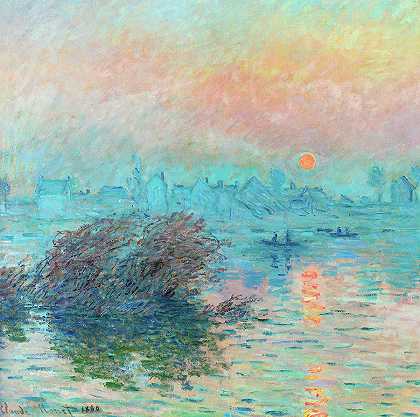拉瓦考特塞纳河畔的日落`Sunset on the Seine at Lavacourt by Claude Monet