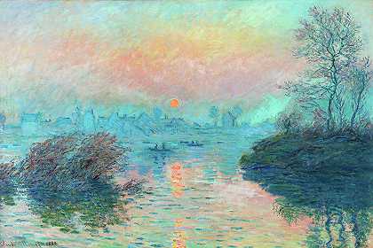 拉瓦考特塞纳河畔的日落，冬天`Sunset on the Seine at Lavacourt, Winter by Claude Monet