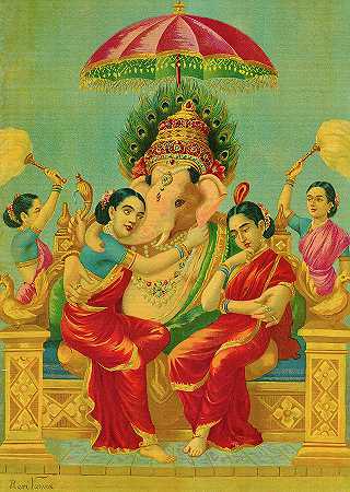 甘尼萨的配偶`Consorts of Ganesha by Ravi Varma