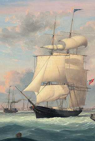 纽约港，快船`New York Harbor, Clipper Ship by Fitz Henry Lane