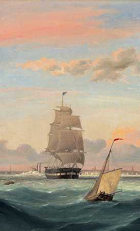 纽约港，邮轮`New York Harbor, Packet Ship by Fitz Henry Lane