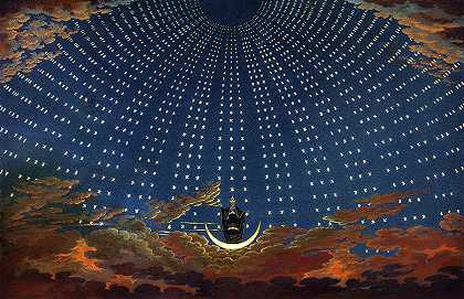 魔笛，夜女王宫殿中的星光厅，沃尔夫冈·莫扎特著，1815年`The Magic Flute, The Hall of Stars in the Palace of the Queen of the Night, by Wolfgang Mozart, 1815 by Karl Friedrich Schinkel