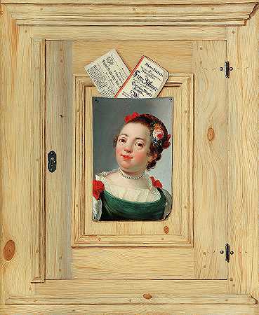 一幅绘有一位年轻女子肖像的特朗普·欧伊尔画作`A trompe-l\’oeil painting with the portrait of a young woman by Justus Juncker