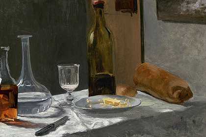 1863年，瓶、瓶、面包和葡萄酒的静物画`Still Life with Bottle, Carafe, Bread, and Wine, 1863 by Claude Monet