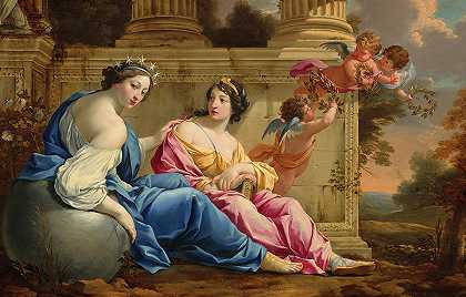 乌拉尼亚和卡利奥普缪斯博物馆，1634年`The Muses Urania and Calliope, 1634 by Simon Vouet