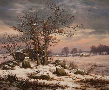 丹麦沃丁堡附近的冬季景观`Winter Landscape near Vordingborg, Denmark by Johan Christian Dahl