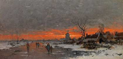 夕阳下的村庄剪影冬季景观`Winterlandschaft mit Dorfsilhouette im Abendrot (Ca. 1880~1890) by Johann Jungblut