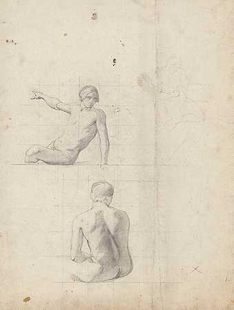 两个坐姿图形的研究`Etude pour deux figures assises (19th century) by Jean-Achille Benouville