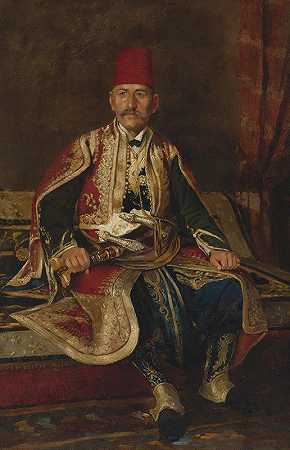 土耳其贵族坐在铺着地毯的室内`Turkish noble seated in a carpeted interior by Franz Leo Ruben