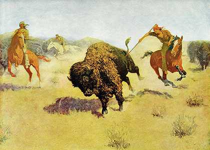 水牛赛跑队，1905年`The Buffalo Runners, 1905 by Frederic Remington