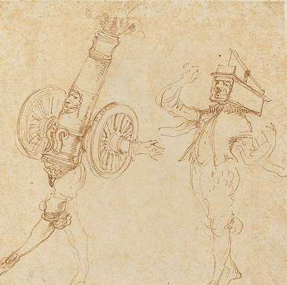 两个穿着化装服的男人——一门大炮开火，一只猫藏在捕鼠器里`Two Men in Masquerade Costumes – A Cannon Firing and a Cat Inside a Mousetrap (c. 1645) by Stefano Della Bella