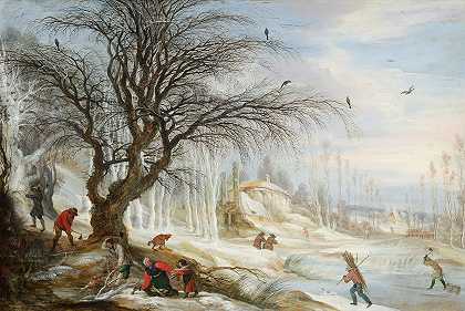 采伐树木的冬季景观`Winter Landscape with Wood Gatherers (after 1617) by Gijsbrecht Leytens