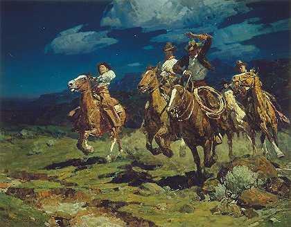骑行粗暴的兰切罗斯，1935年`Rough Riding Rancheros, 1935 by Frank Tenney Johnson