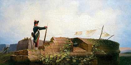 在堡垒上，和平，打哈欠的守卫，1856年`On the Bastion, Peace, Yawning Guard, 1856 by Carl Spitzweg