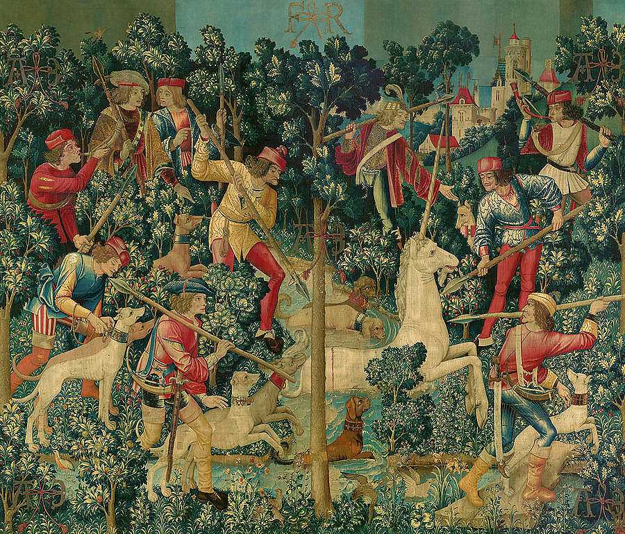 独角兽穿过小溪`The Unicorn Crosses a Stream by Netherlandish School
