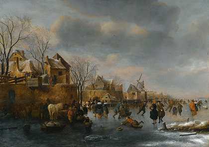 广阔的冬季景观，冰上有许多人物`An Extensive Winter Landscape With Numerous Figures On The Ice by Nicolaes Molenaer