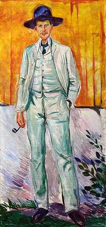 画家路德维格·卡斯滕的肖像`Portrait of the Painter Ludvig Karsten (1912) by Edvard Munch
