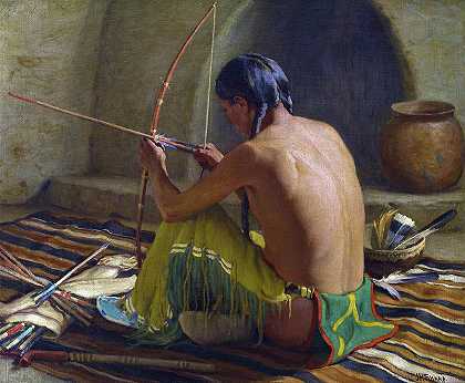 杰瑞与阿帕奇弓箭队，1920年`Jerry with Apache Bow and Arrows, 1920 by Joseph Henry Sharp