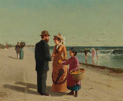 在海边卖橘子`Selling Oranges By The Seashore (1877) by Samuel S. Carr