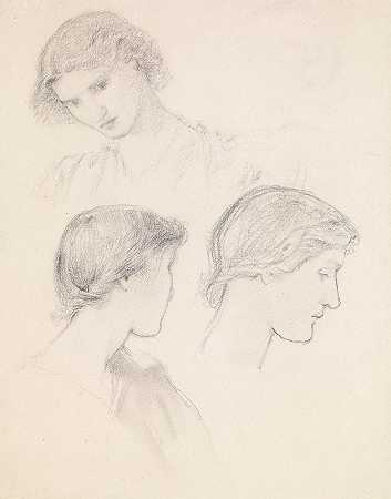 女性——一个女孩的头部研究（三项研究）`Female – Head Study of a Girl (Three Studies) by Sir Edward Coley Burne-Jones