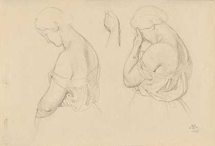 两个半身女性形象和一只手的研究`Two Female Figures in Half~length and a Study of a Hand (1861) by Friedrich Preller the Elder