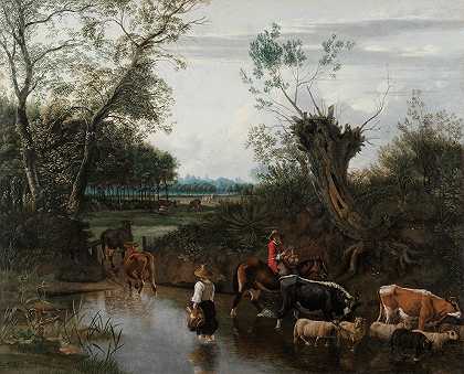 过河的农民`Peasants Crossing a Stream (c. 1670) by Jan Siberechts