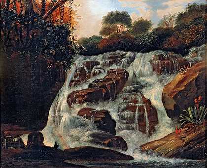 大提朱卡瀑布`Great Tijuca Waterfall by Manuel de Araújo Porto-Alegre