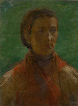 穿红裙子的女孩`Girl in a red dress (1905) by Elemír Halász-Hradil