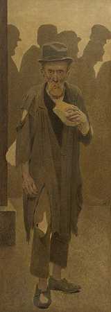 一口面包衣衫褴褛的老人，脸上拿着一块面包`La Bouchée de pain; vieil homme en haillons, de face, tenant un morceau de pain (1904) by Fernand Pelez