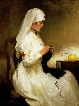 1914-1915年红十字会护士肖像`Portrait of a Nurse from the Red Cross, 1914-1915 by Gabriel Emile Niscolet