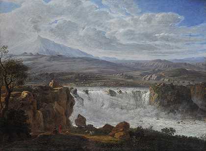 埃特纳山脚下阿德诺附近的卡拉奇瀑布`The Caracci Waterfall Near Aderno at the Foot of Mt. Etna (1808) by Karl Gothard Grass