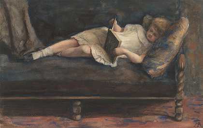 躺在沙发上看书的女孩`Lezend meisje, liggend op een bank (1865 ~ 1913) by Bramine Hubrecht