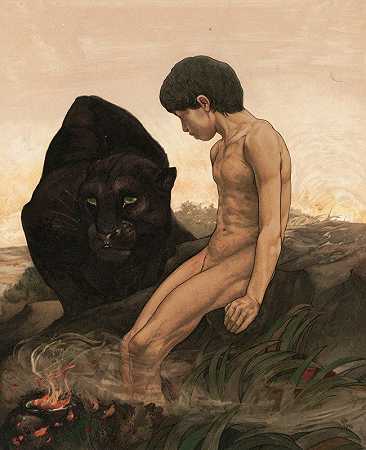 莫格利和巴吉拉`Mowgli And Bagheera (1903) by Maurice And Edward Detmold