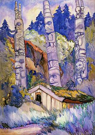 海达图腾，查亚特，夏洛特女王岛，1912年`Haida Totems, Cha-atl, Queen Charlotte Island, 1912 by Emily Carr