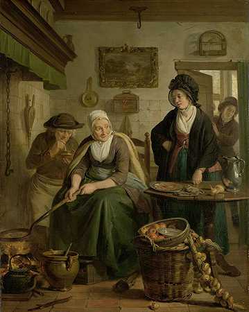 烤煎饼的女人`Woman Baking Pancakes (c. 1790 ~ c. 1810) by Adriaan de Lelie